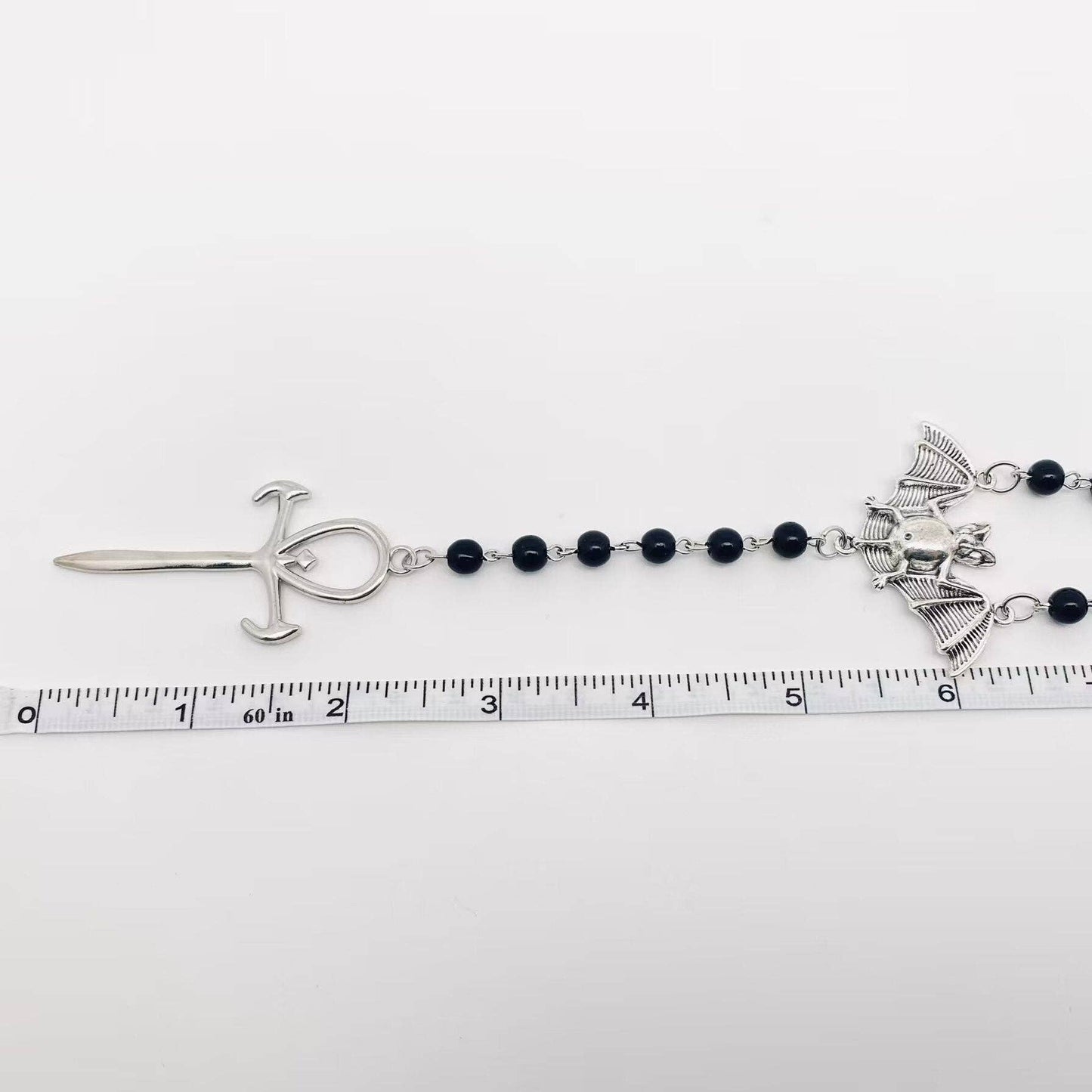 Gothic Metal Bat and Cross Pendant Beaded Chain Necklace -GT