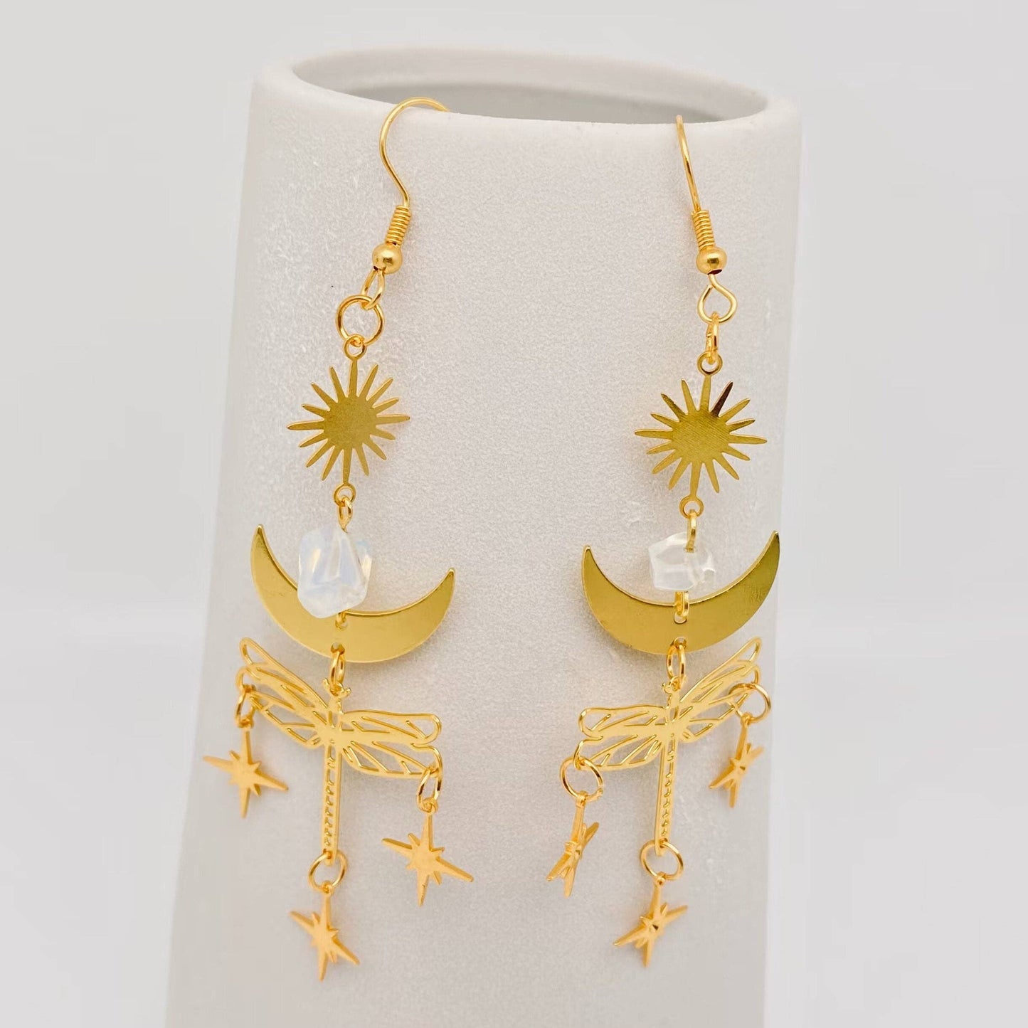 Golden Dragonfly Pendant Earrings