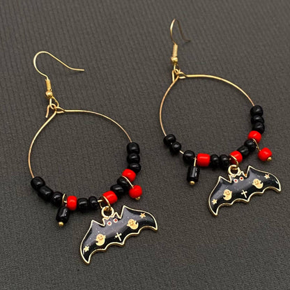 Halloween Bat Charm Glass Bead Earrings