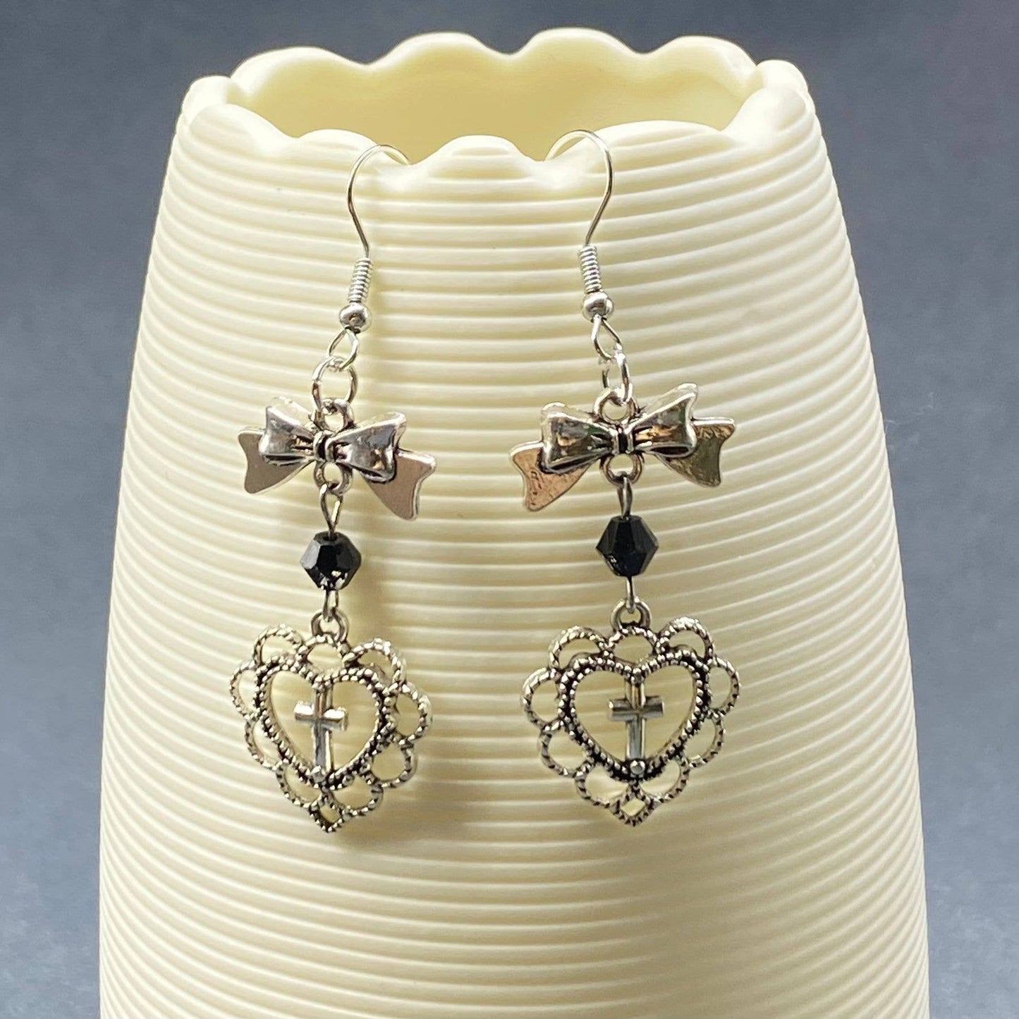 Gothic Cross Heart Bow Dangle Earrings - GT