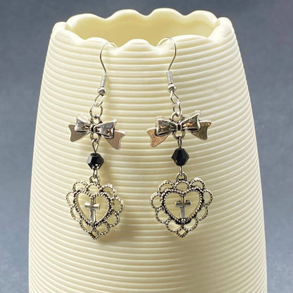 Gothic Cross Heart Bow Dangle Earrings - GT