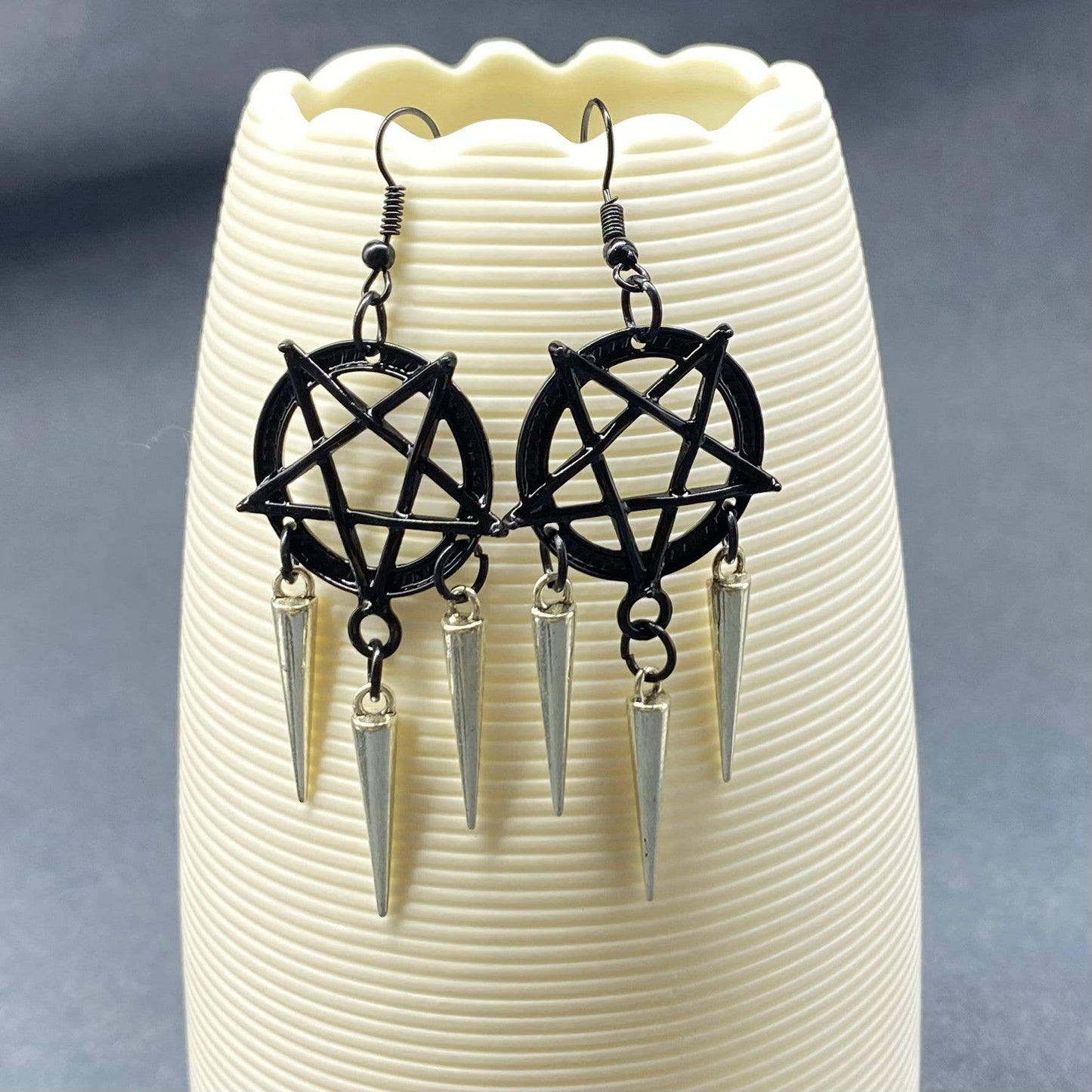 Gothic Style Black Pentagram Tapered Fringe Earrings - GT