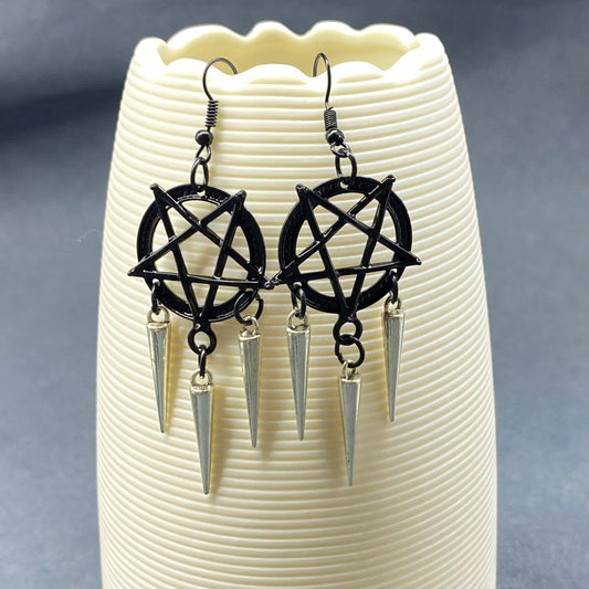 Gothic Style Black Pentagram Tapered Fringe Earrings - GT
