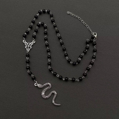 Snake Pendant Black Glass Beaded Y-shaped Necklace - GT
