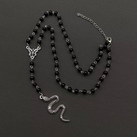 Snake Pendant Black Glass Beaded Y-shaped Necklace - GT