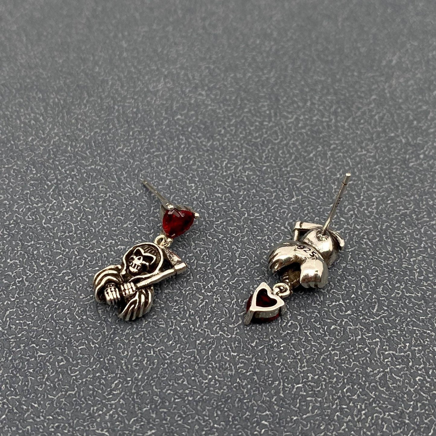 Gothic Red CZ Charm Asymmetric Sickle Death Ear Studs - GT