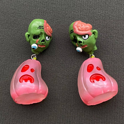 Halloween Resin Pink Pumpkin Zombie Post Earrings