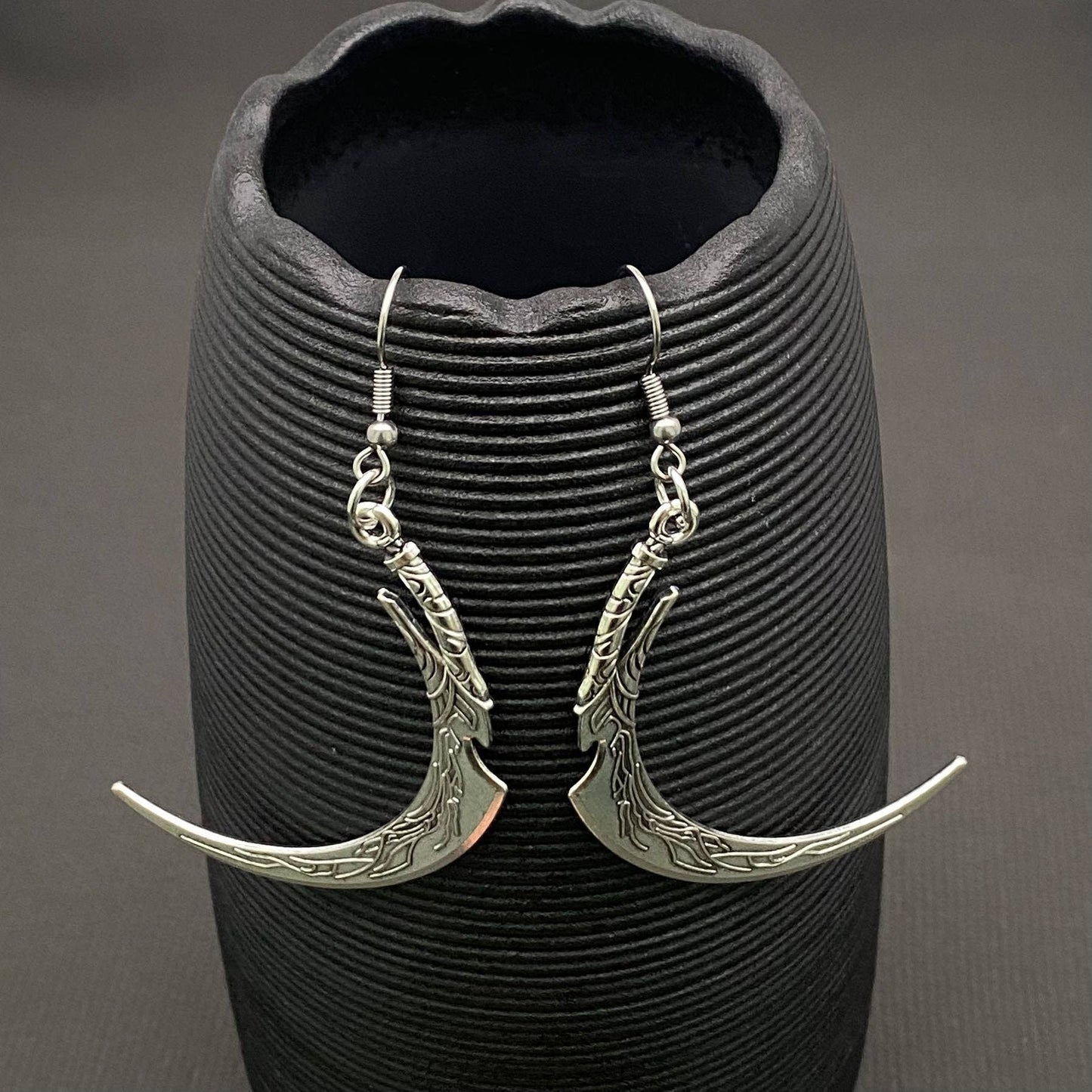 Gothic Silver Tone Sickle Dangle Earrings - GT
