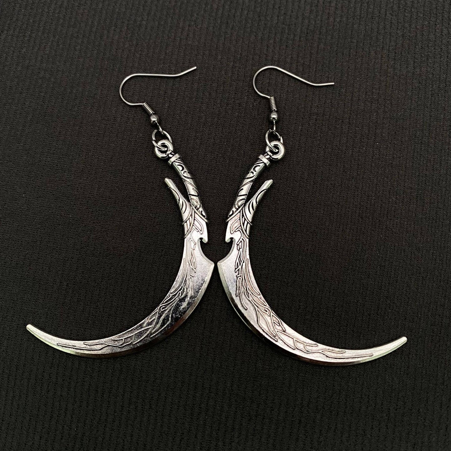 Gothic Silver Tone Sickle Dangle Earrings - GT