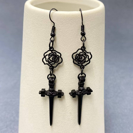 Gothic Black Rose Dagger Linked Dangle Earrings - GT