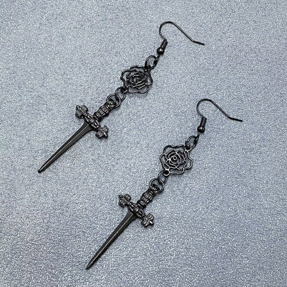 Gothic Black Rose Dagger Linked Dangle Earrings - GT