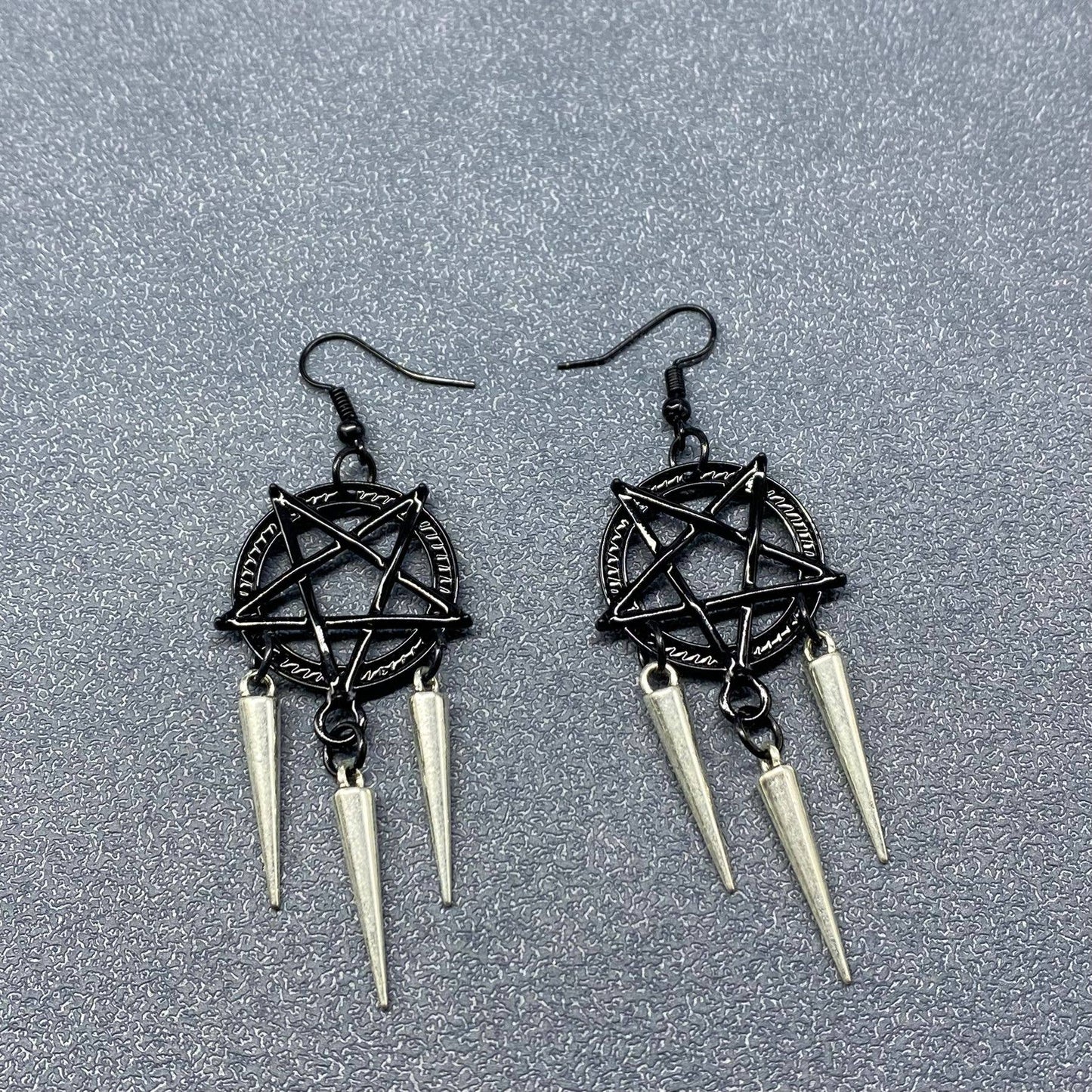 Gothic Style Black Pentagram Tapered Fringe Earrings - GT