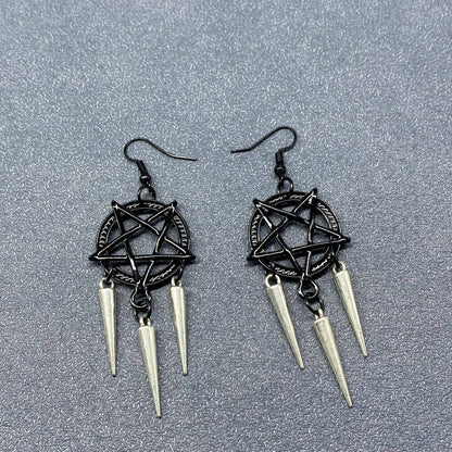Gothic Style Black Pentagram Tapered Fringe Earrings - GT