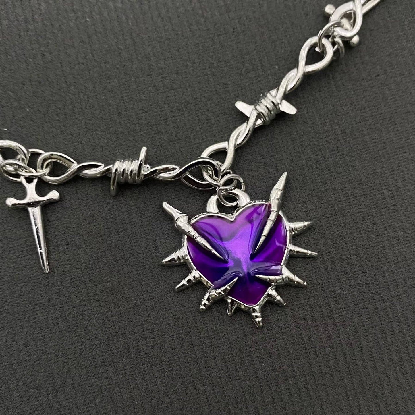 Gothic Purple Thorns Heart Dagger Charm Necklace - GT