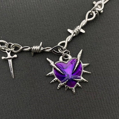 Gothic Purple Thorns Heart Dagger Charm Necklace - GT