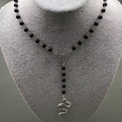 Snake Pendant Black Glass Beaded Y-shaped Necklace - GT
