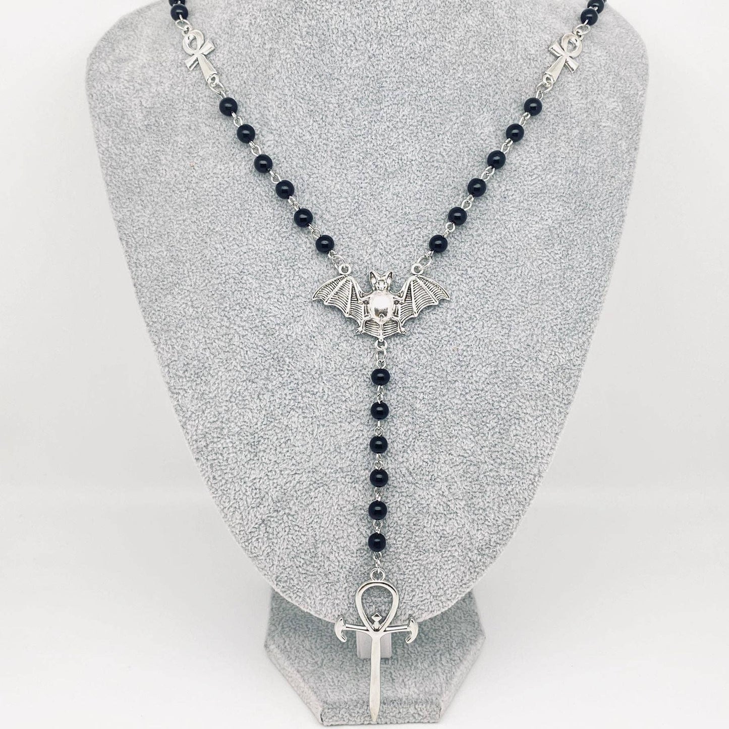 Gothic Metal Bat and Cross Pendant Beaded Chain Necklace -GT