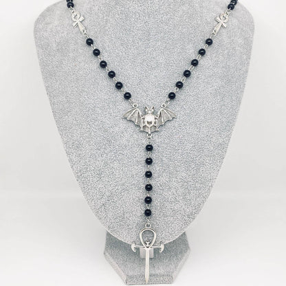 Gothic Metal Bat and Cross Pendant Beaded Chain Necklace -GT