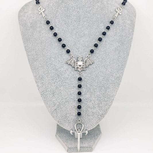 Gothic Metal Bat and Cross Pendant Beaded Chain Necklace -GT
