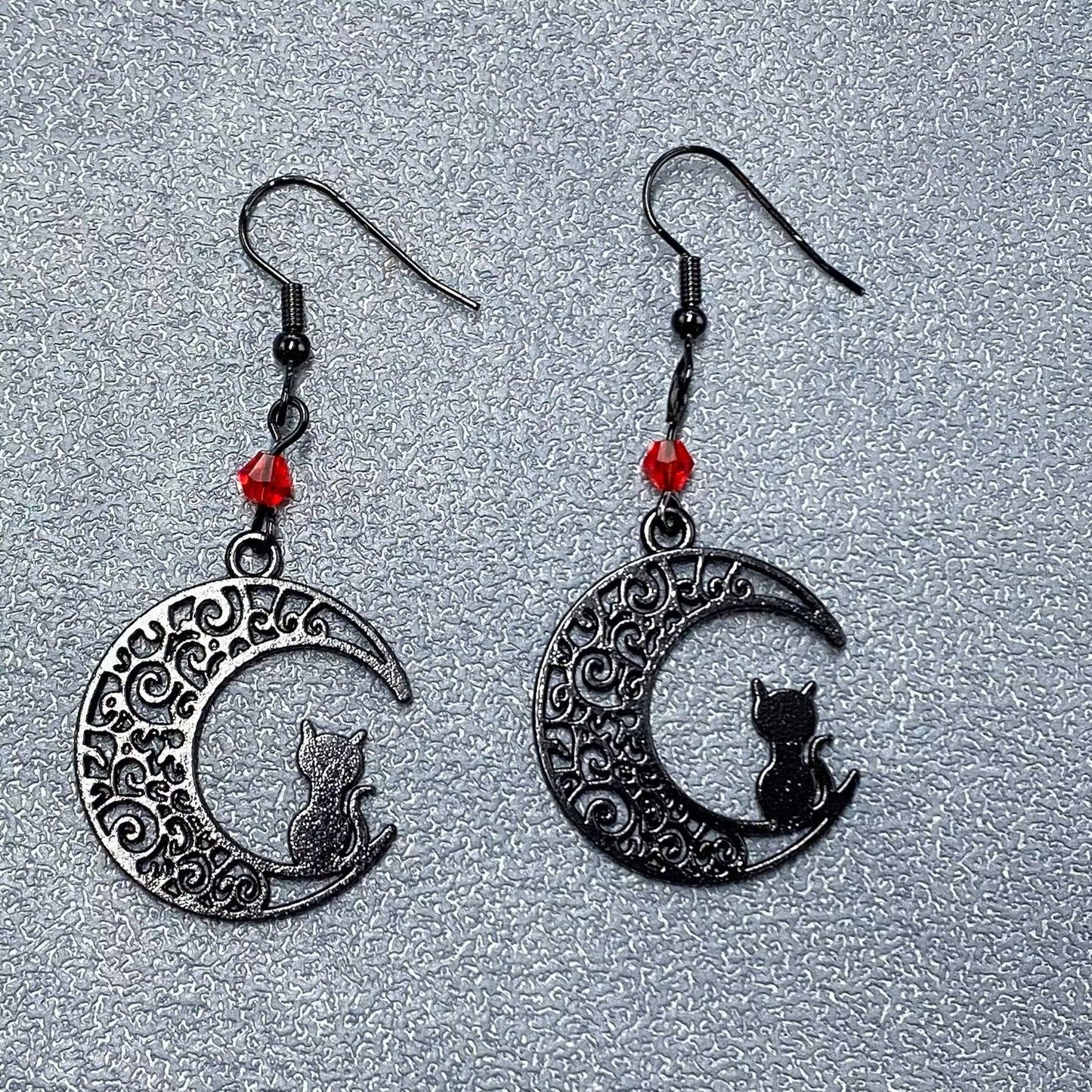 Goth Black Cat On The Moon Dangle Earrings - GT/MS