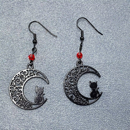 Goth Black Cat On The Moon Dangle Earrings - GT/MS