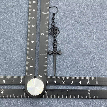 Gothic Black Rose Dagger Linked Dangle Earrings - GT