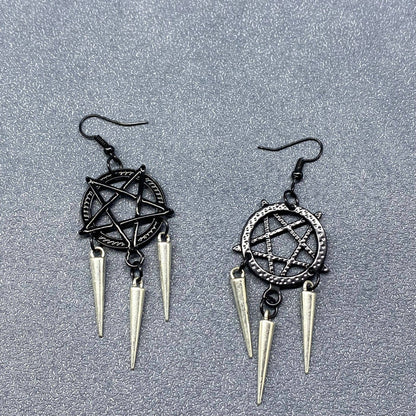 Gothic Style Black Pentagram Tapered Fringe Earrings - GT