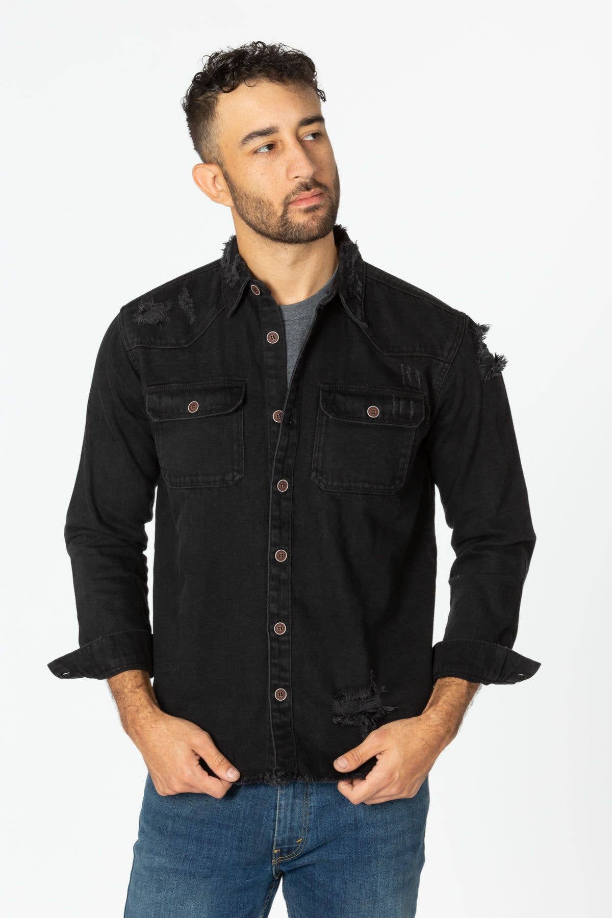 Distressed Black Denim Shirt