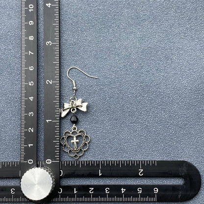 Gothic Cross Heart Bow Dangle Earrings - GT