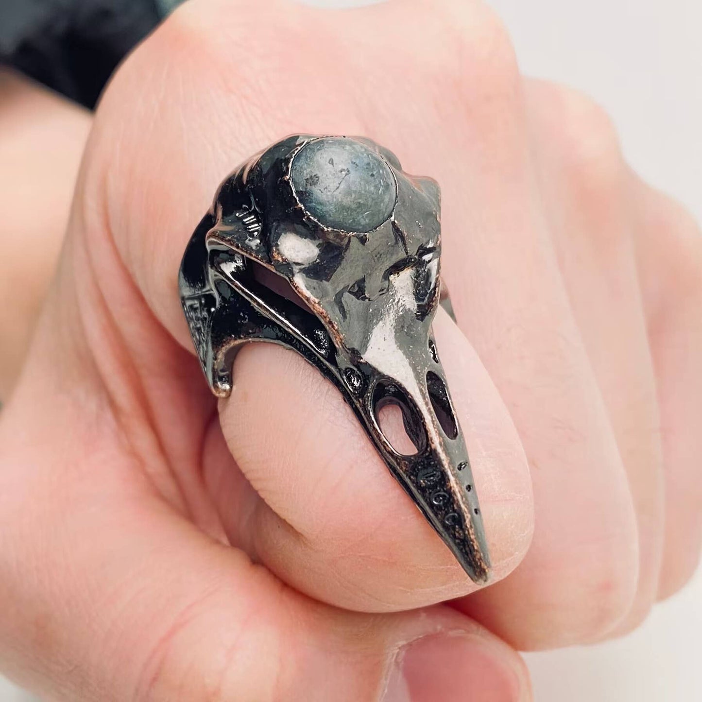 Valknut Crow's Head Inlaid Anemousite Ring