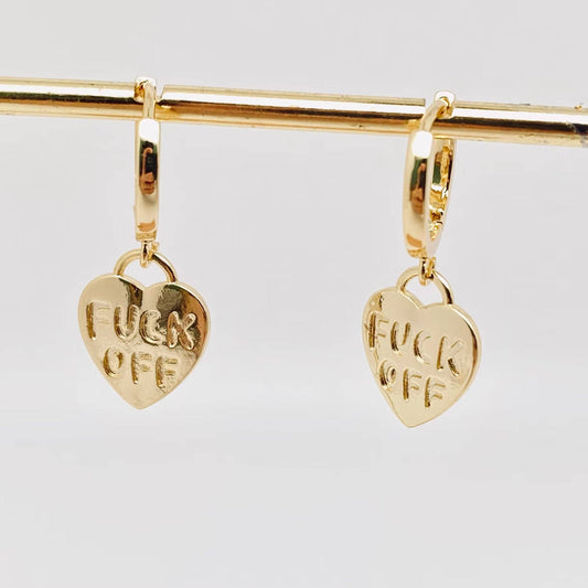 "Fuck off" Heart-shaped Gold Plated Huggie Earrings