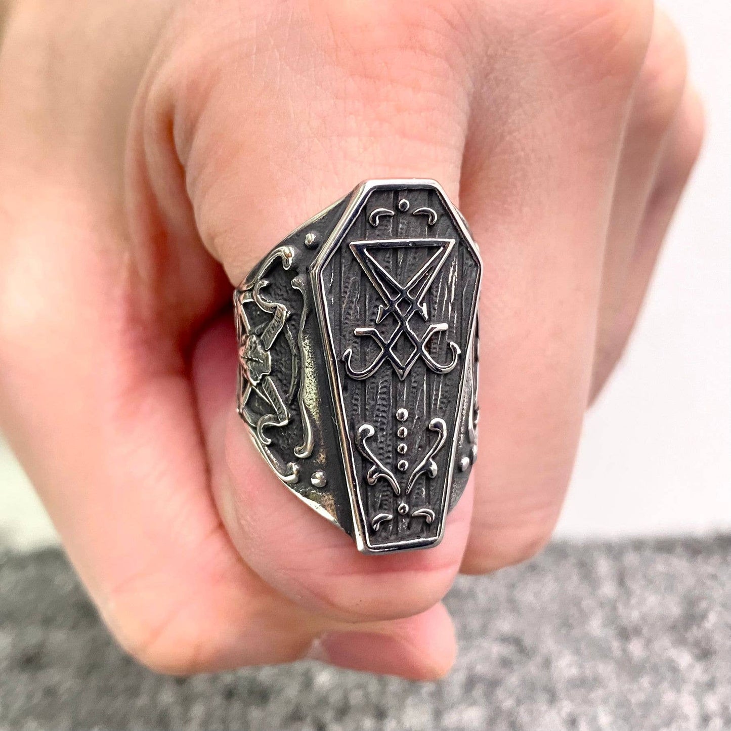 Men's Stainless Steel Satan Coffin Shaped Ring - MJ/MR