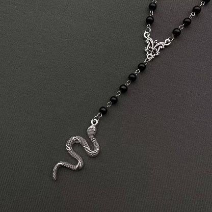 Snake Pendant Black Glass Beaded Y-shaped Necklace - GT