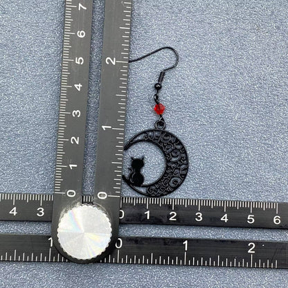 Goth Black Cat On The Moon Dangle Earrings - GT/MS