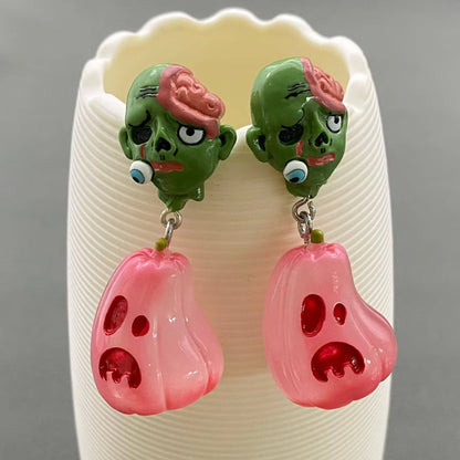Halloween Resin Pink Pumpkin Zombie Post Earrings