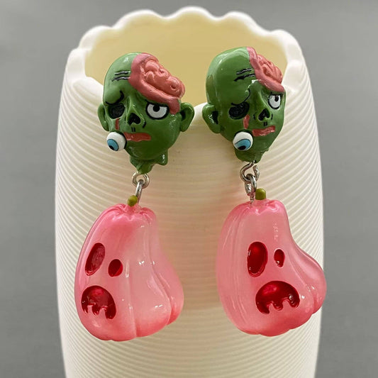 Halloween Resin Pink Pumpkin Zombie Post Earrings