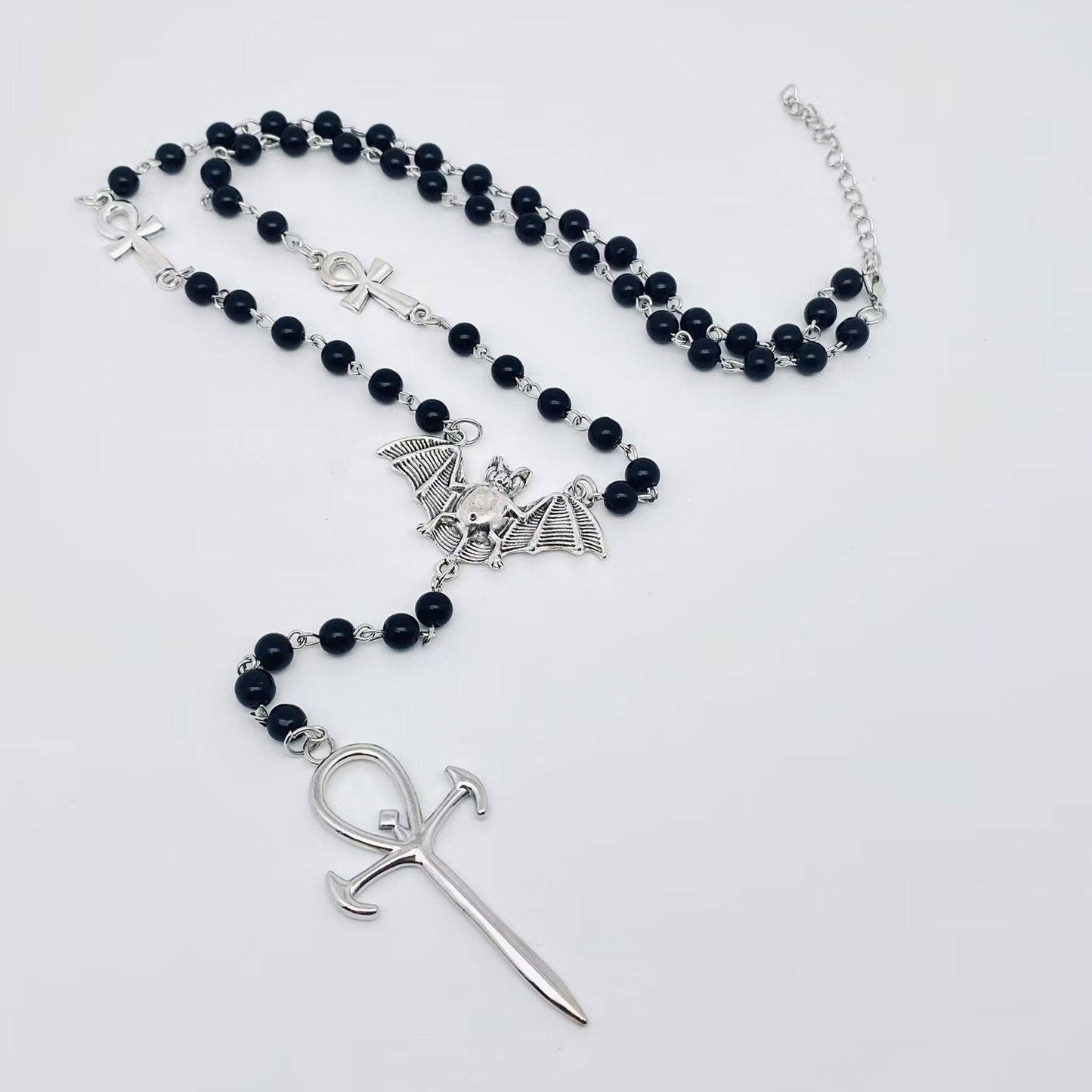 Gothic Metal Bat and Cross Pendant Beaded Chain Necklace -GT