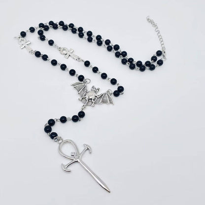 Gothic Metal Bat and Cross Pendant Beaded Chain Necklace -GT