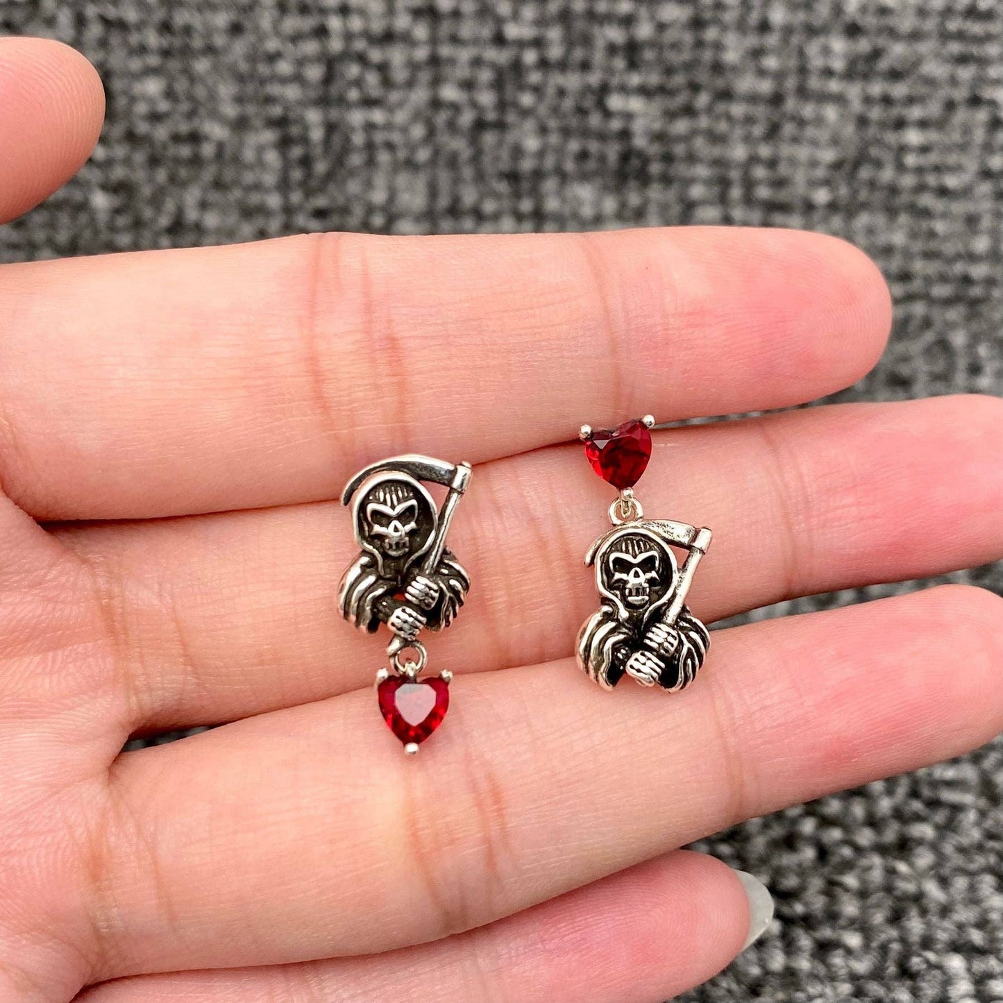 Gothic Red CZ Charm Asymmetric Sickle Death Ear Studs - GT
