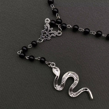 Snake Pendant Black Glass Beaded Y-shaped Necklace - GT