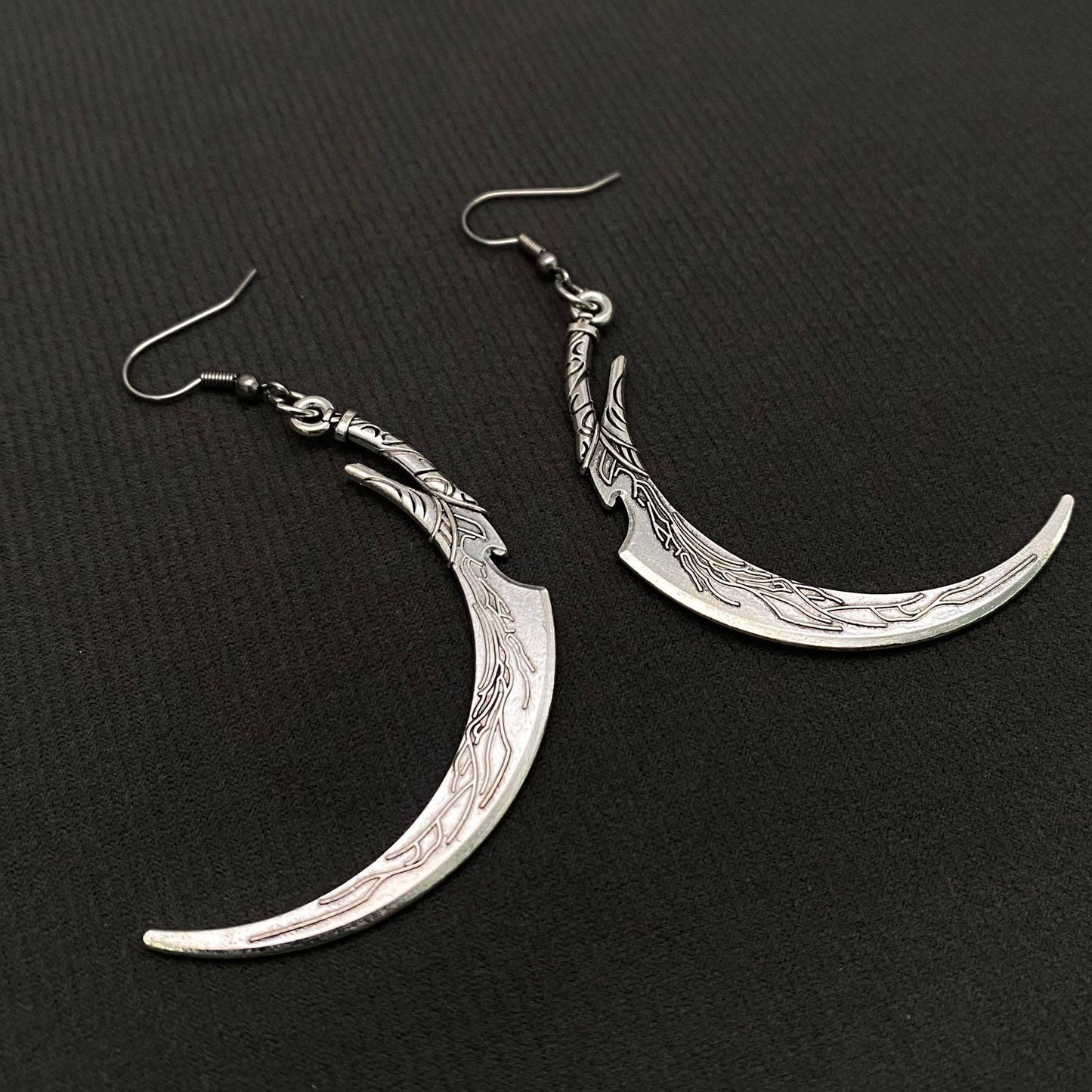 Gothic Silver Tone Sickle Dangle Earrings - GT