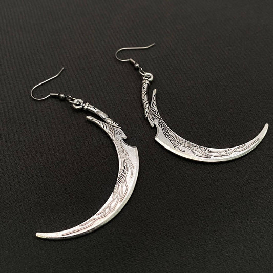 Gothic Silver Tone Sickle Dangle Earrings - GT