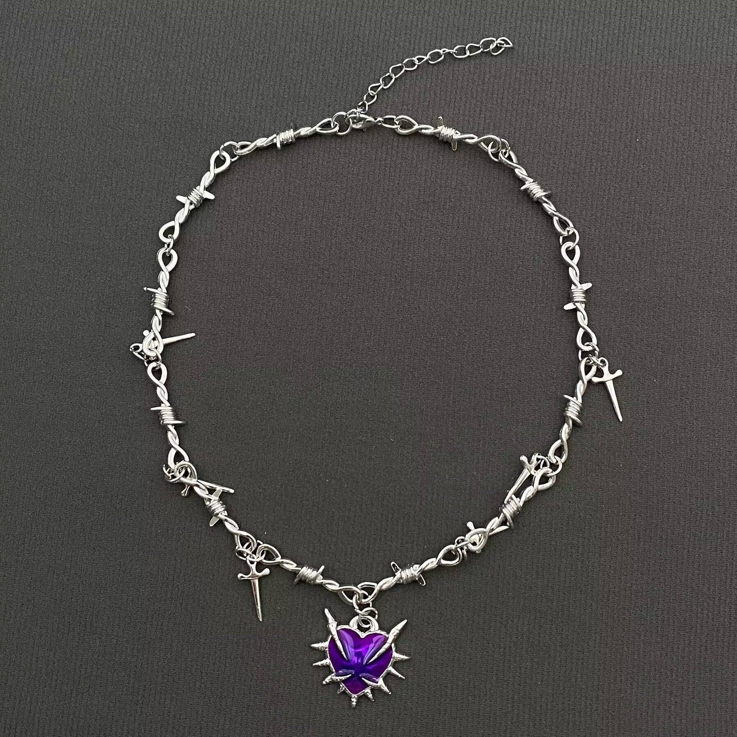 Gothic Purple Thorns Heart Dagger Charm Necklace - GT