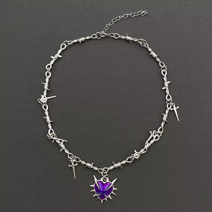 Gothic Purple Thorns Heart Dagger Charm Necklace - GT