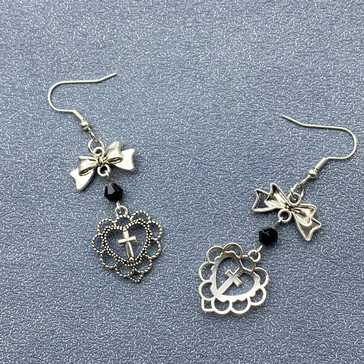 Gothic Cross Heart Bow Dangle Earrings - GT