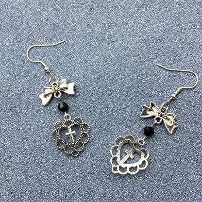 Gothic Cross Heart Bow Dangle Earrings - GT