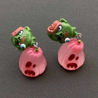 Halloween Resin Pink Pumpkin Zombie Post Earrings
