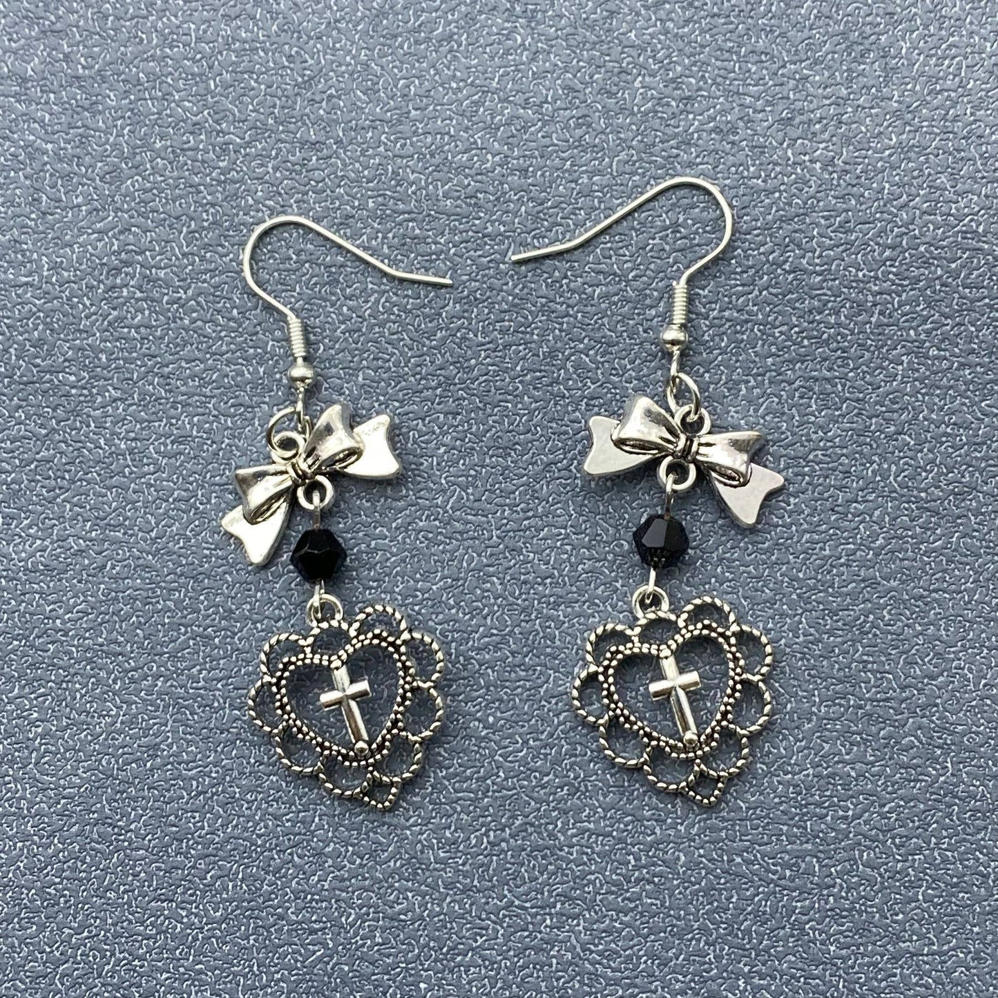 Gothic Cross Heart Bow Dangle Earrings - GT