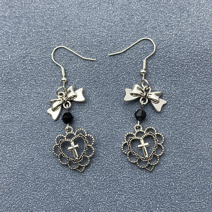 Gothic Cross Heart Bow Dangle Earrings - GT