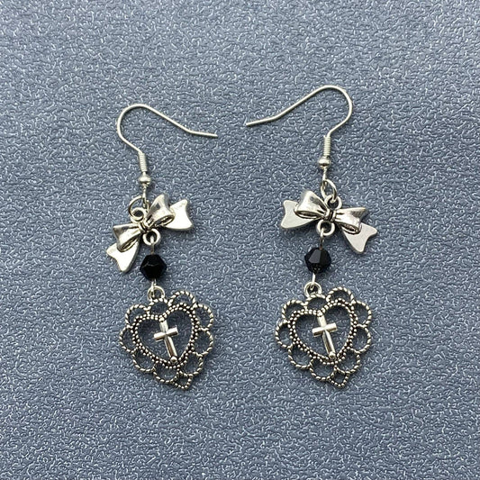 Gothic Cross Heart Bow Dangle Earrings - GT
